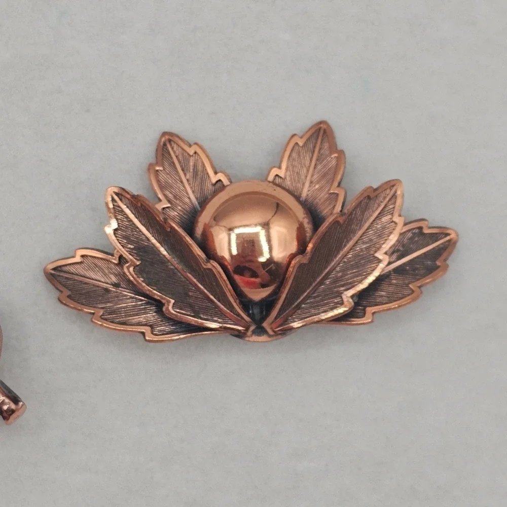 Vintage Copper Brooch Pins 2pc Leaf Botanical MCM Renoir Copper Bell